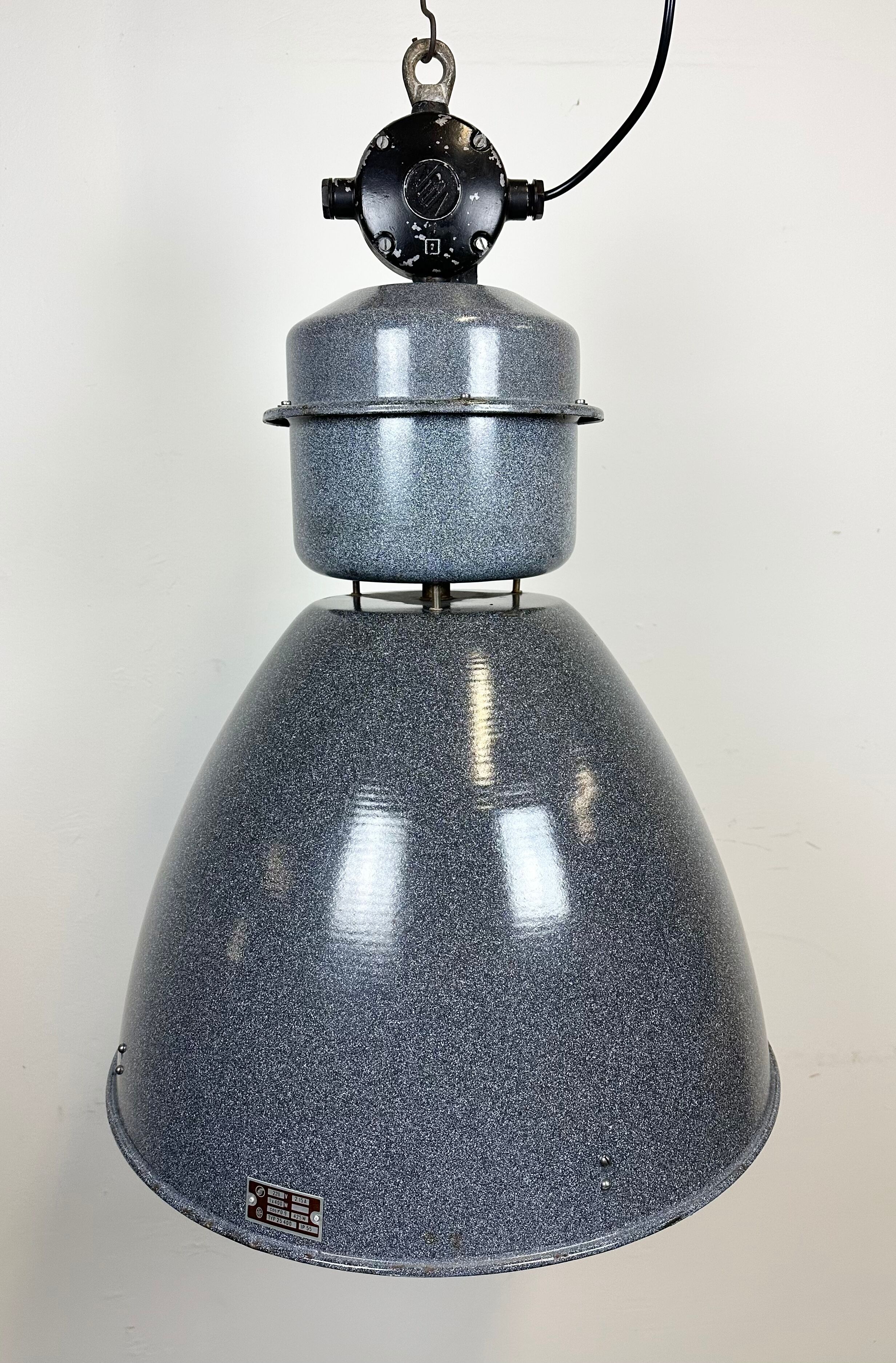 Large Grey Enamel Industrial Factory Lamp from Elektrosvit, 1960s
