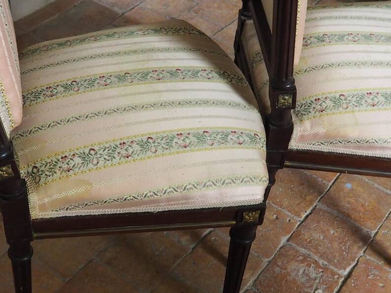 Antique French Empire Style Sofa and Chairs: Pink Satin Furniture Set
