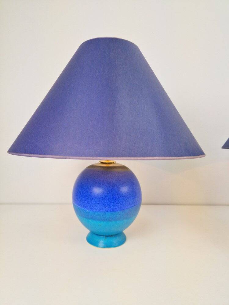 Lampes de table sphériques en céramique bleue vintage, années 1970, ensemble de 2