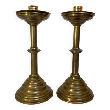 Pair of tulip foot candlesticks in brass