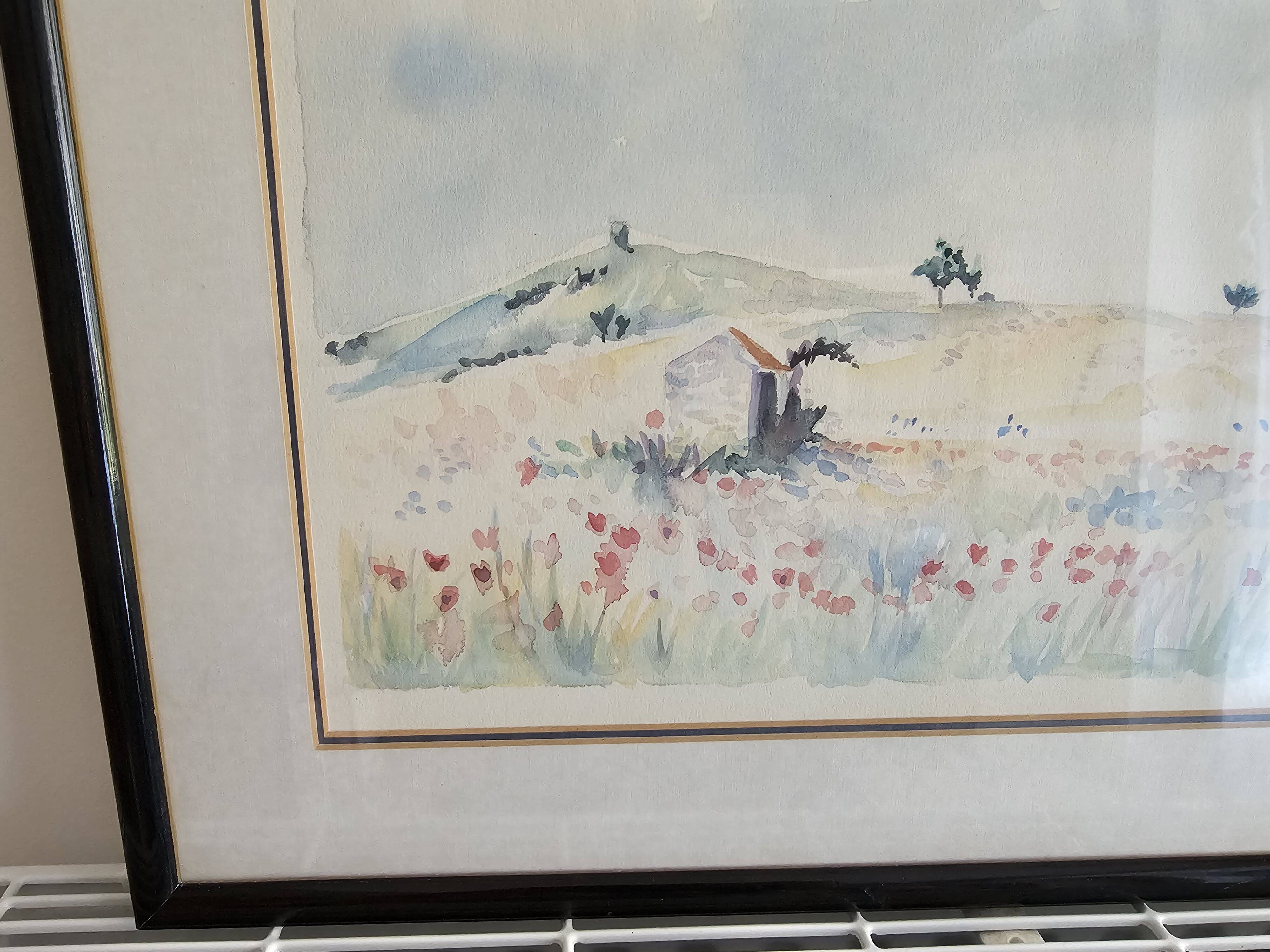 Painting - Watercolor landscape with poppies - View of Irancy (Yonne)