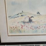 Painting - Watercolor landscape with poppies - View of Irancy (Yonne)