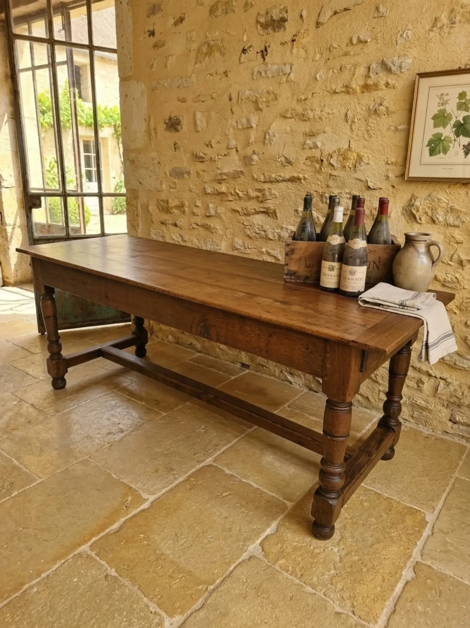 Rustic Burgundy farmhouse table from the 18th century in solid oak.