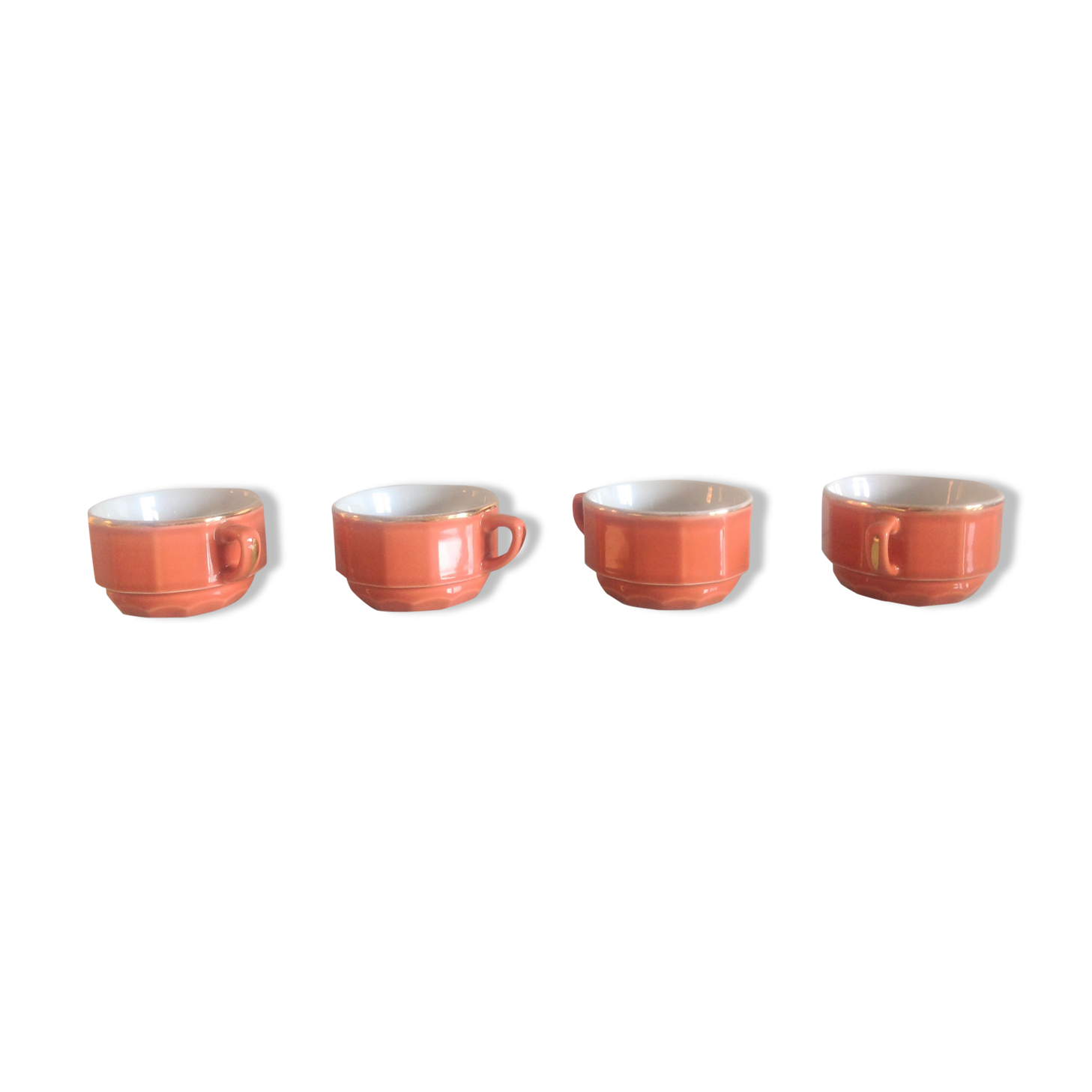 Bistro style four-mugs suite orange-pink by Apilco /vintage 70-80