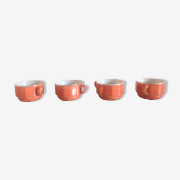 Bistro style four-mugs suite orange-pink by Apilco /vintage 70-80