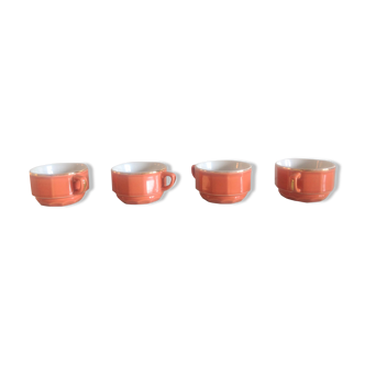 Suite de quatre tasses rose orangé style bistrot  par Apilco /vintage 70-80