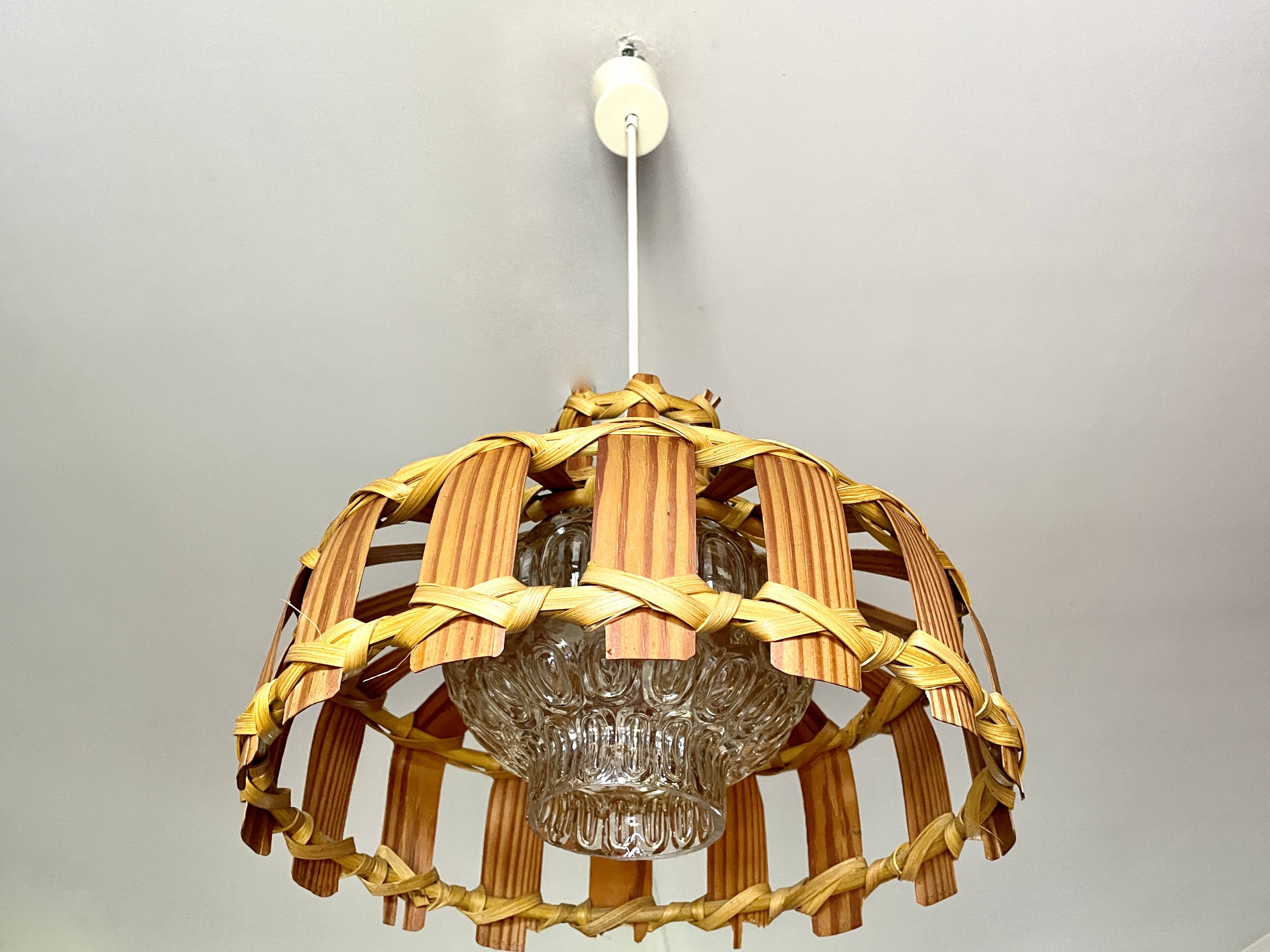 Scandinavian pendant light with wood veneer and bubble glass, 1970