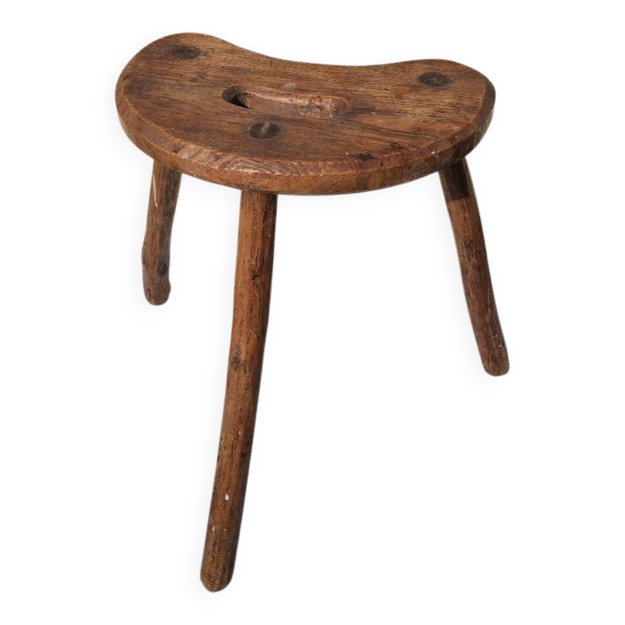 Antique tripod milking stool – folk art – patinated solid wood