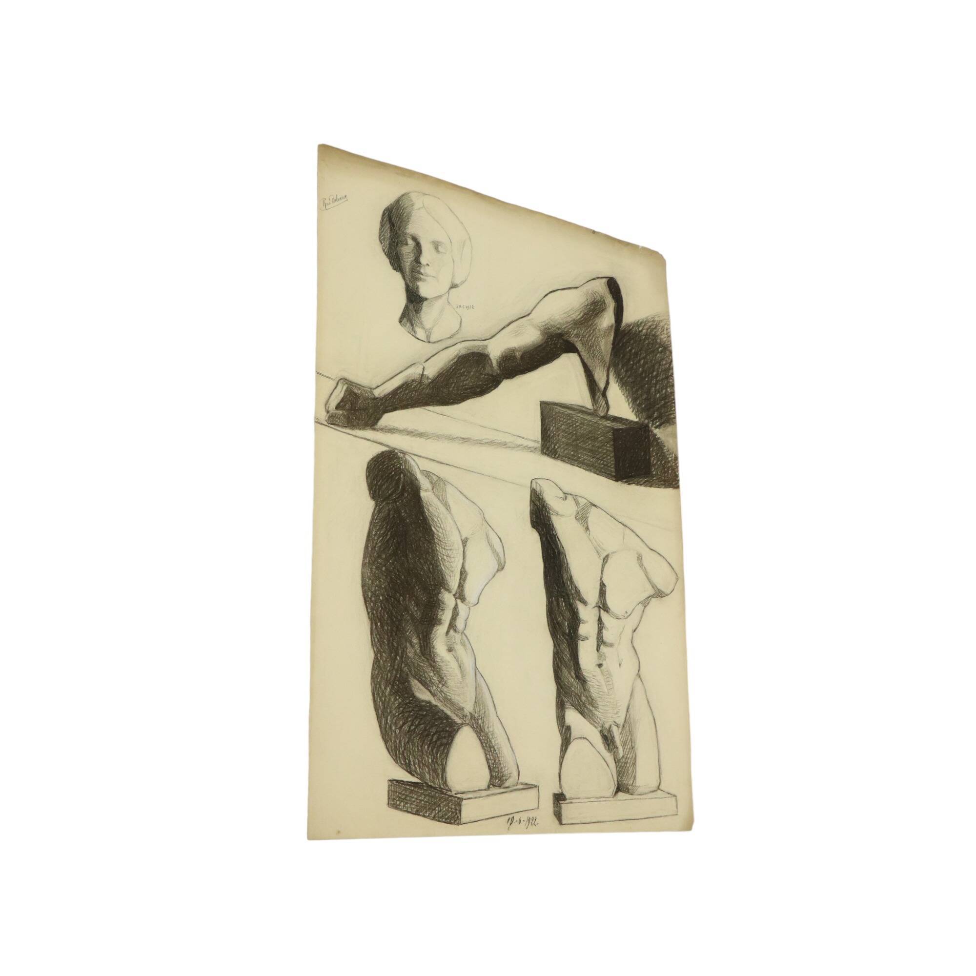 Large Academic Drawing Renée Belvaux (1903-1984) Male Nude 85x60cm