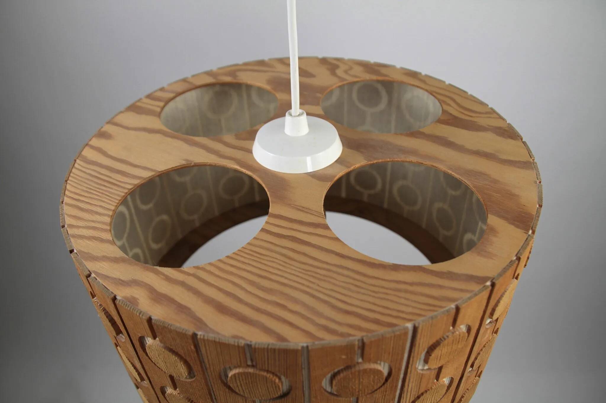 Pine Pendant Lamp – Cylindrical with Circle Pattern, Scandinavia – 1960s/1970s