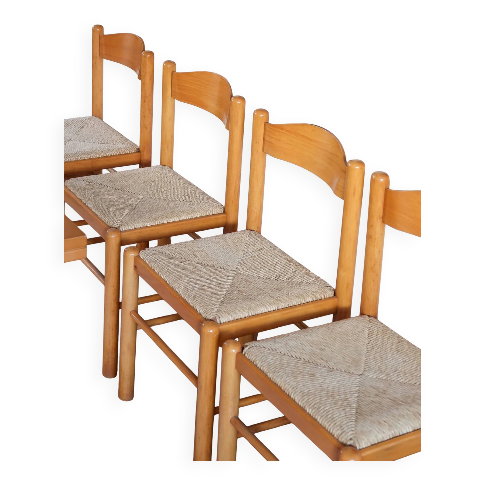 4 solid pine chairs, straw seats, shaped backrest.