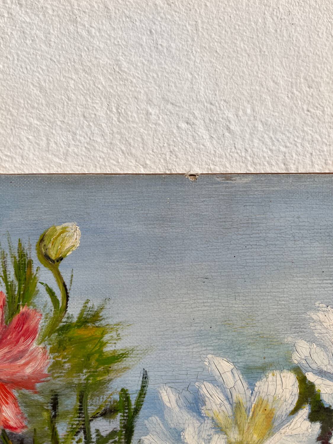 Old oil painting on cardboard bouquet of red and white anemone flowers 1985