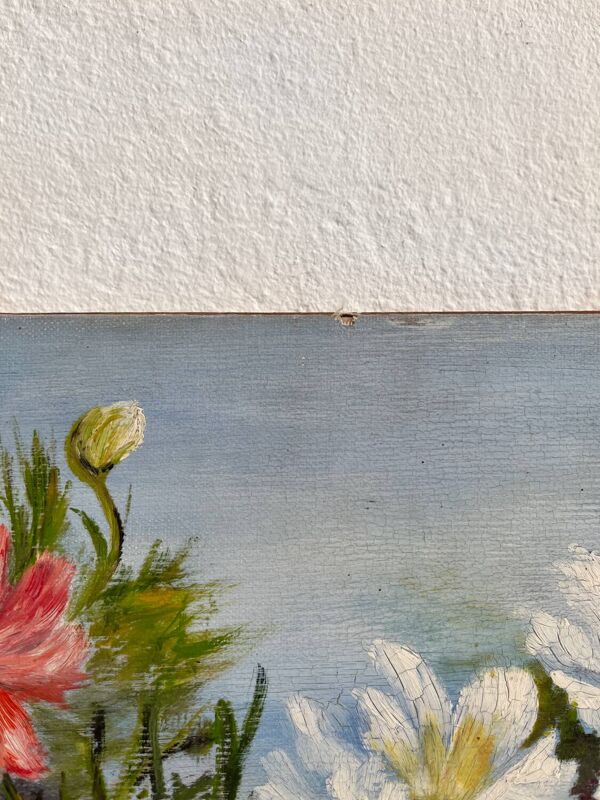 Peinture ancienne huile sur carton bouquet de fleurs anémones rouges et blanches 1985