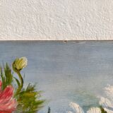 Peinture ancienne huile sur carton bouquet de fleurs anémones rouges et blanches 1985