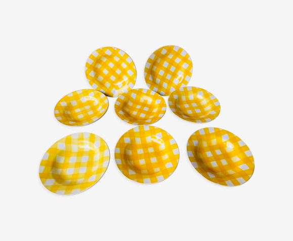 Lot de 8 assiettes creuses Digoin modèle ecossais jaune annees 50-60