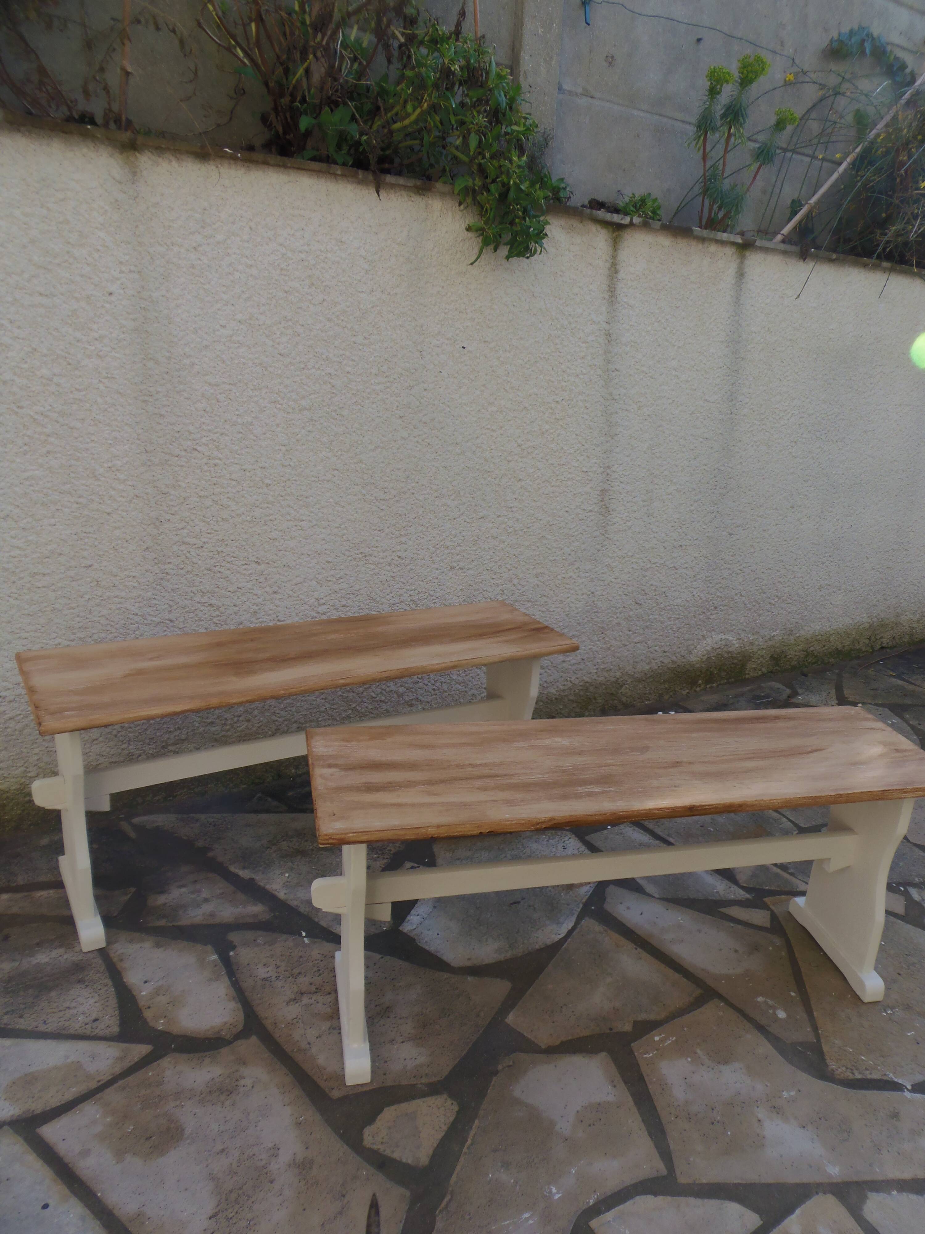 2 re-enchanted benches in beige with a waxed finish, medium oak waxed seat.