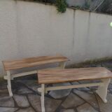 2 re-enchanted benches in beige with a waxed finish, medium oak waxed seat.