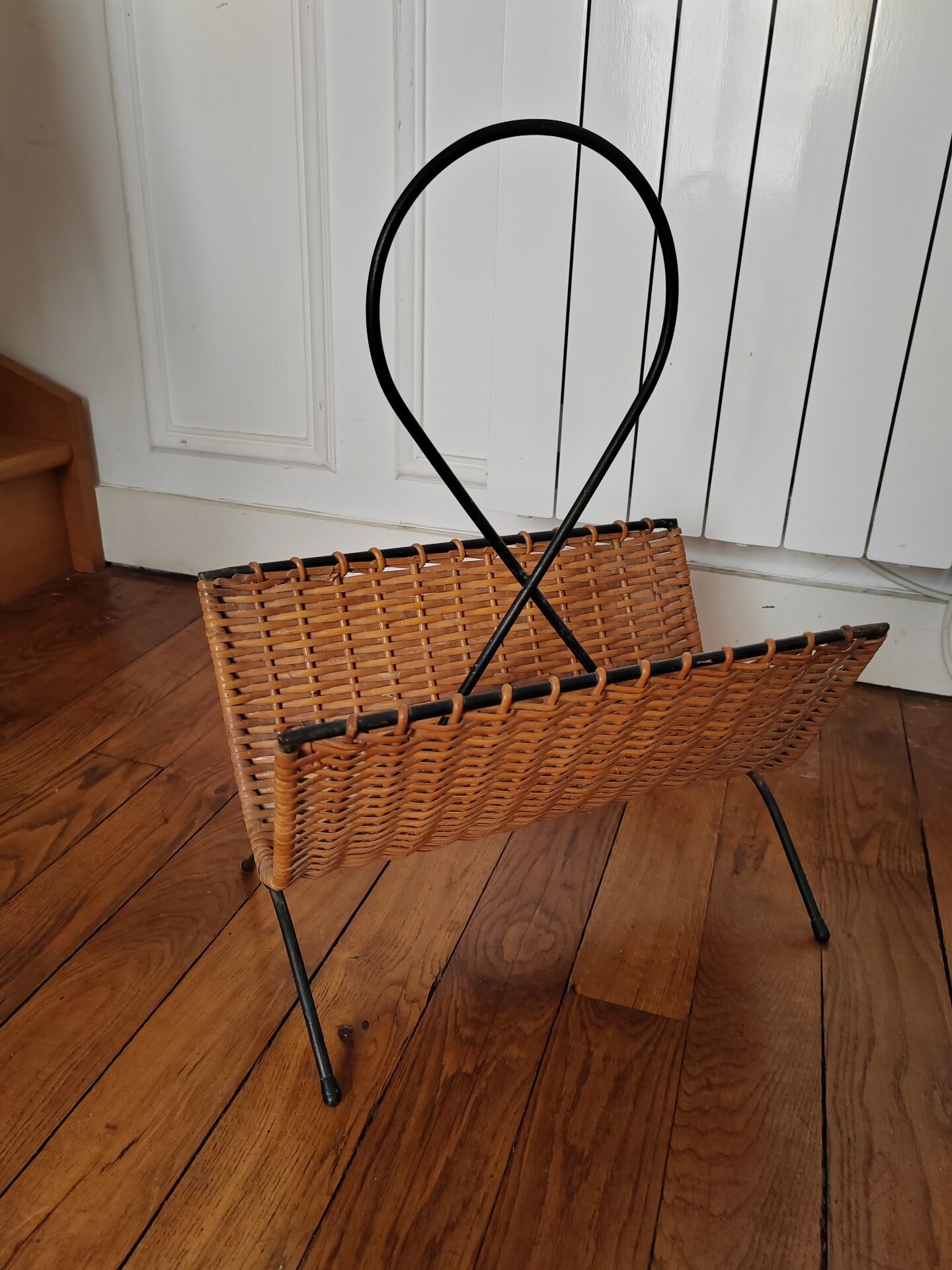 Metal and rattan magazine rack