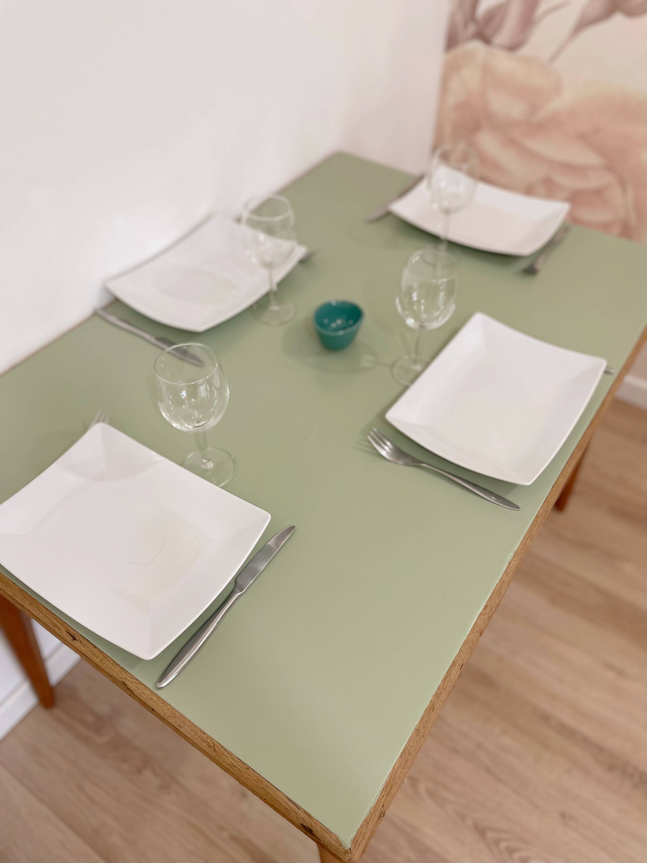 Vintage extendable dining table, wood and sage green