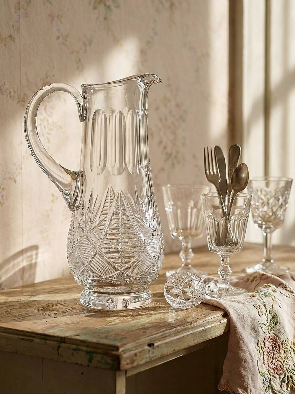 Large cut crystal water pitcher, European crystal makers 20th century