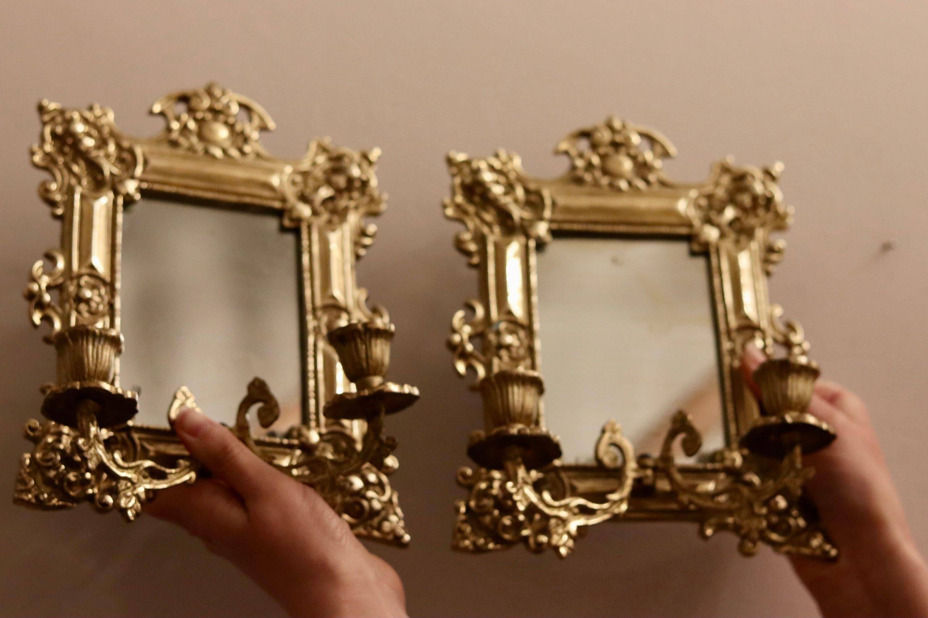Appliques en laiton antique avec miroirs, Suède