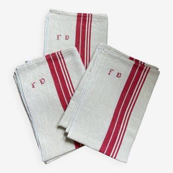 3 monogrammed tea towels in thick vintage mixed fabric, new condition