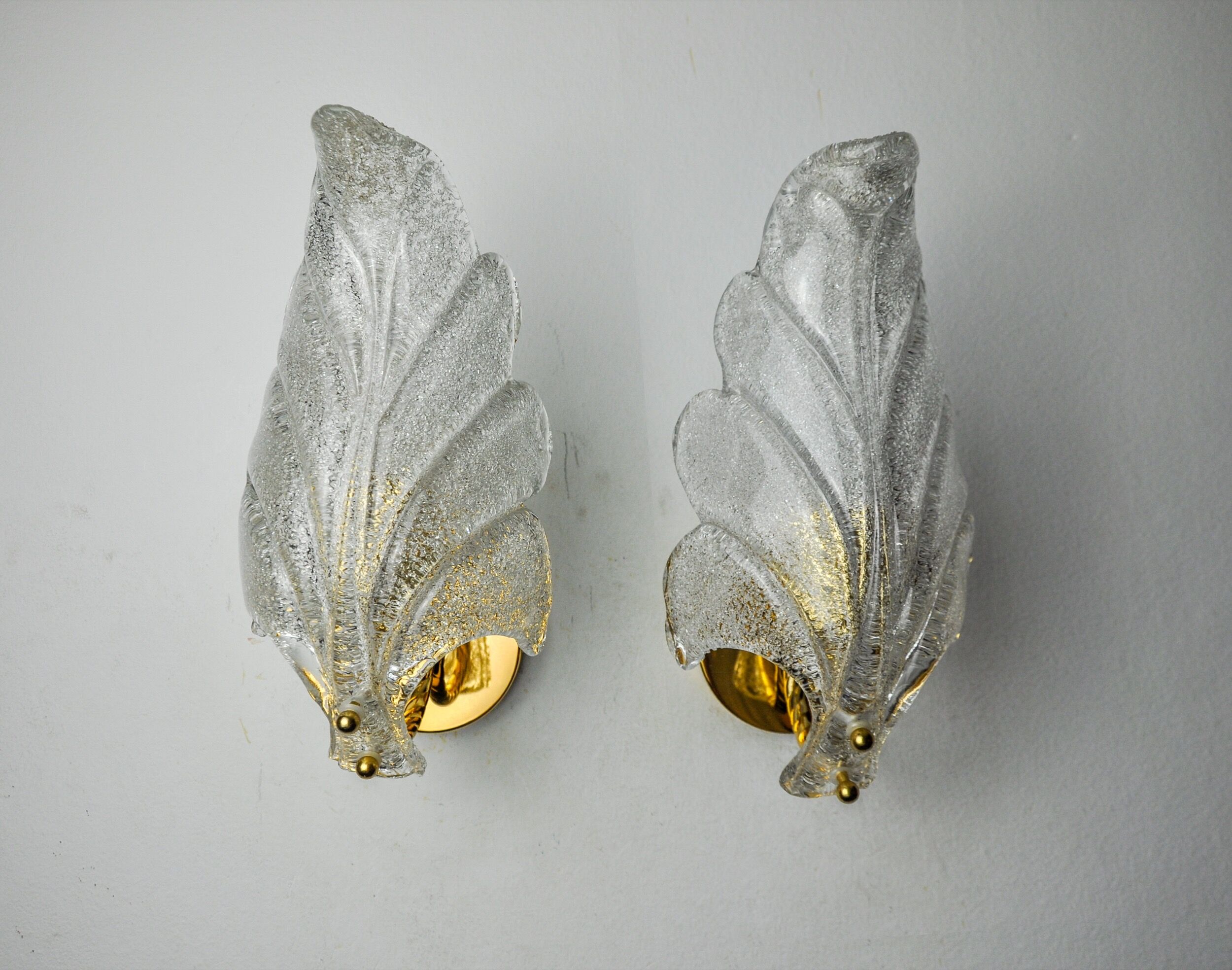 Pair of frosted leaf sconces, murano glass, italy, 1970