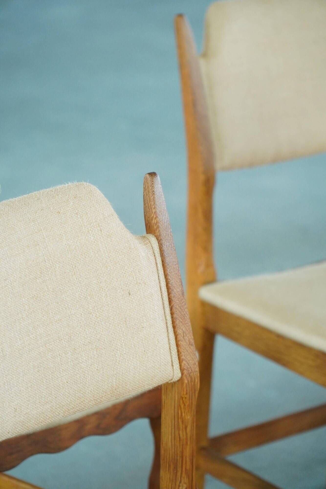 Henning Kjærnulf, set of 8 chairs, Oak and Hessian, Mid Century Modern, 1960s