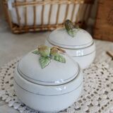 Pair of vintage porcelain candy dishes with fruit motif and gold edging