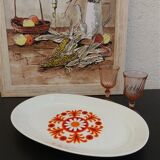 Plat ovale vintage décor fleurs orange 70s