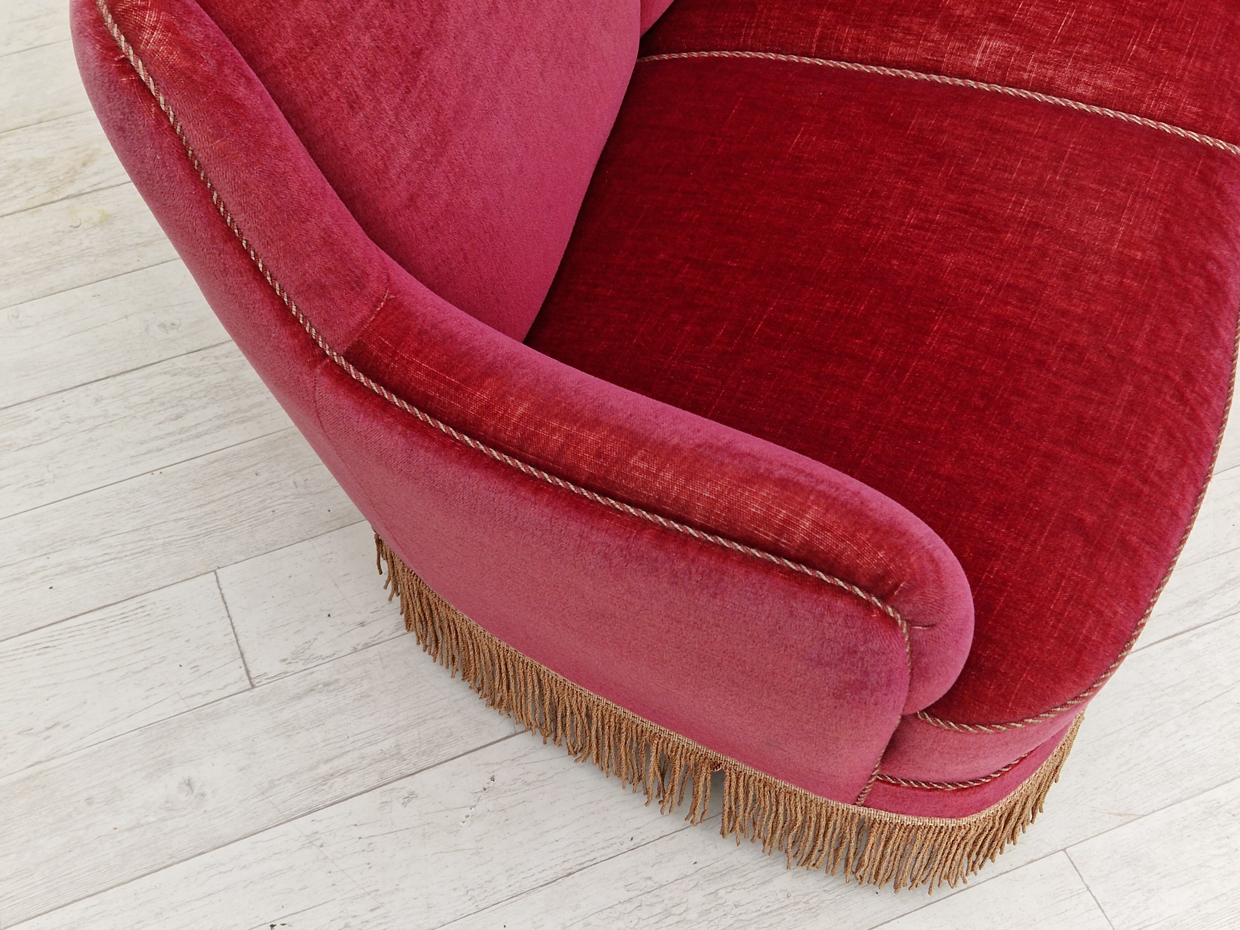 1970s, Danish vintage 2 seater "Banana" sofa, cherry-red velour, original very good condition.