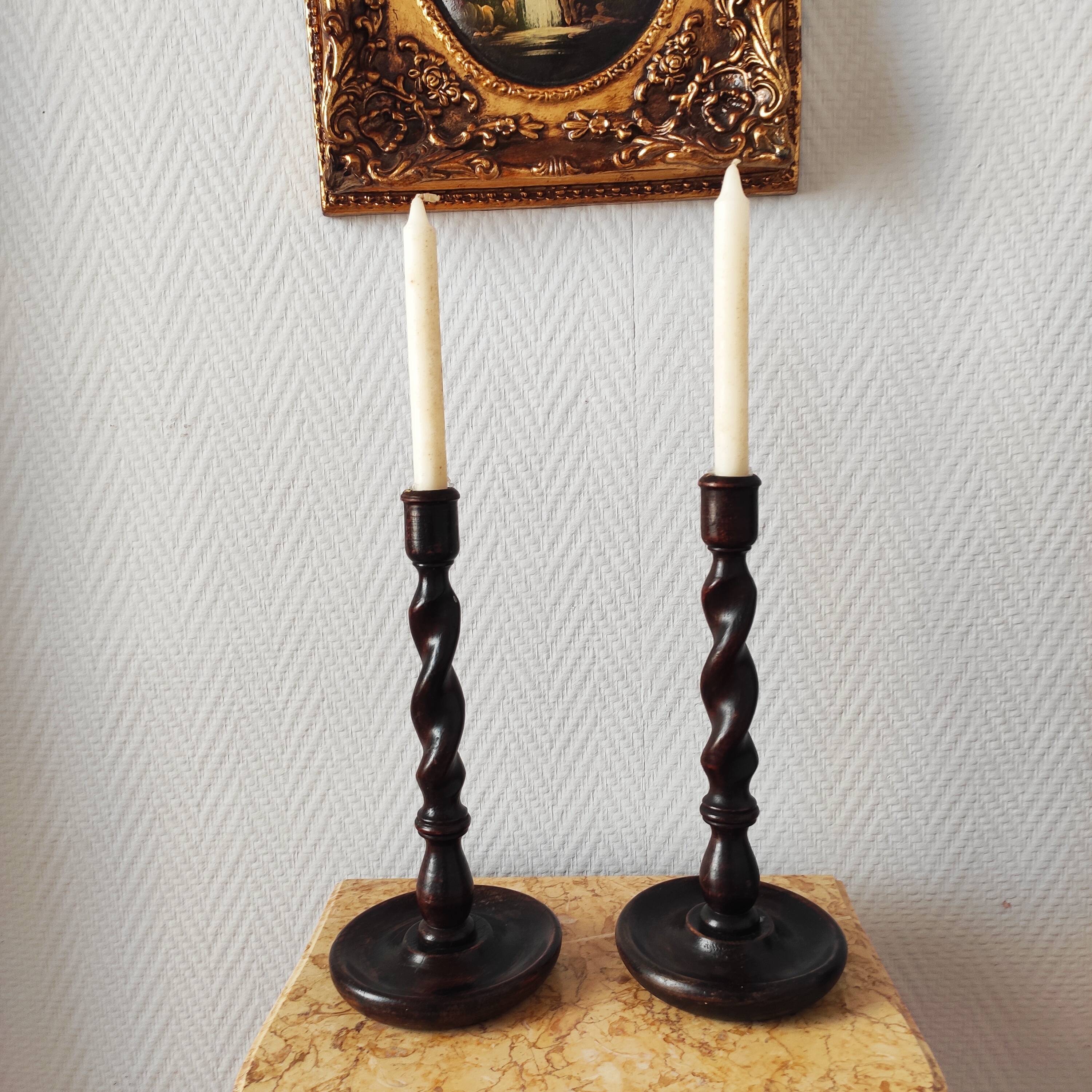Old pair of English turned wood candlesticks
