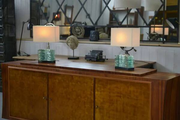 Pair of brutalist lamps in raw glass and beige shades, 1960s