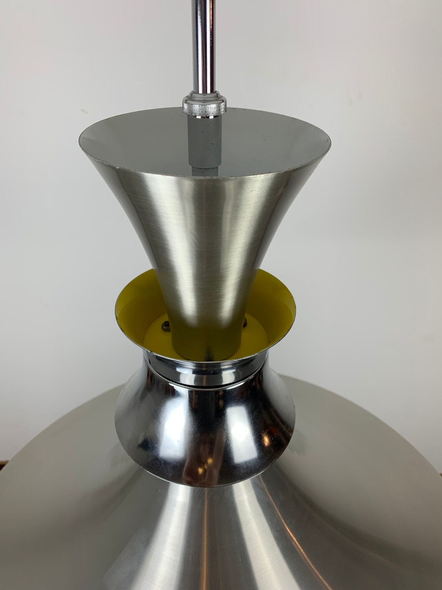 Scandinavian space age pendant lamp by Bent Nordsted for Lyskaer brushed steel 70s
