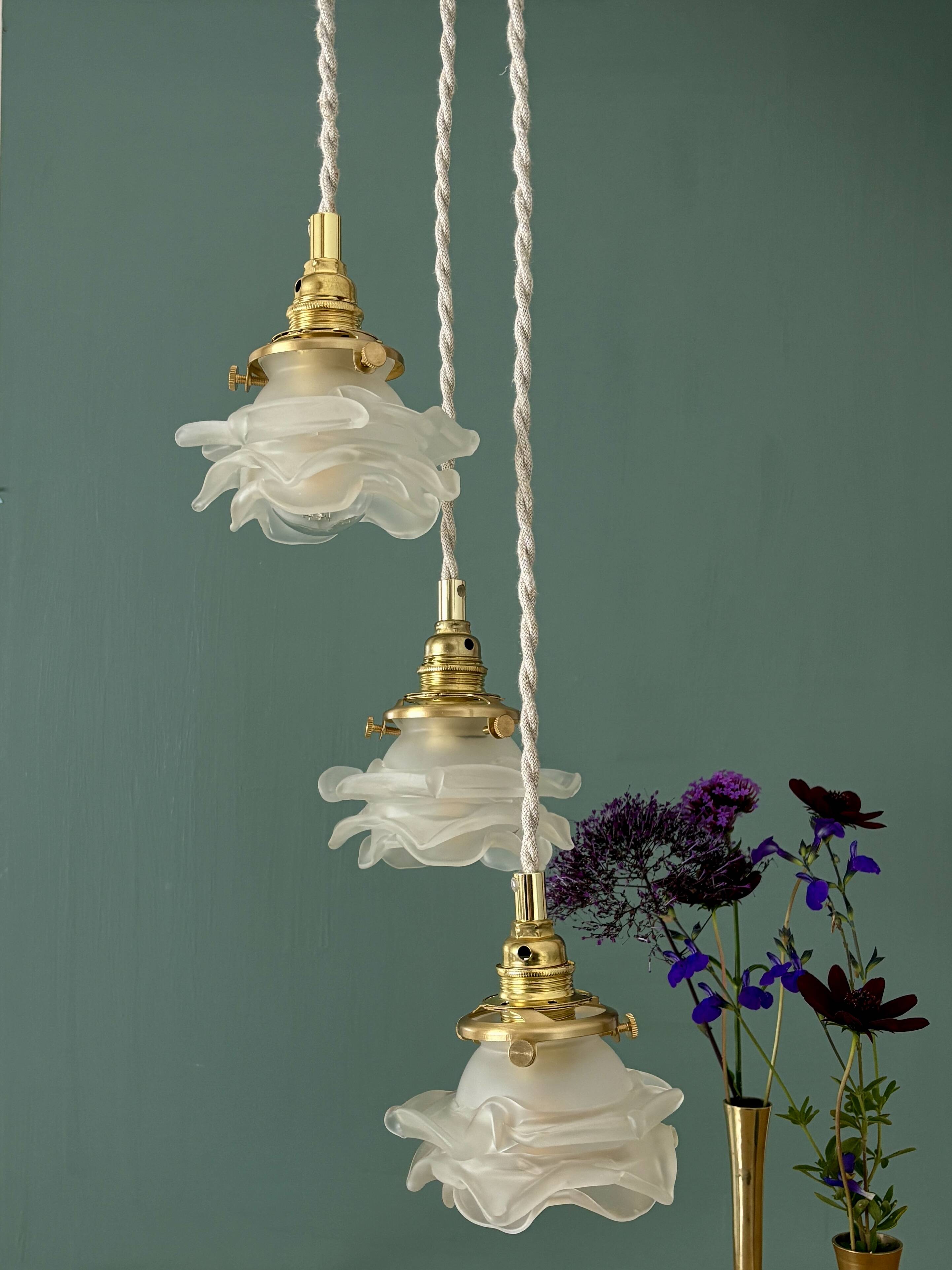 Vintage triple tulip pendant light in frosted glass in the shape of flowers