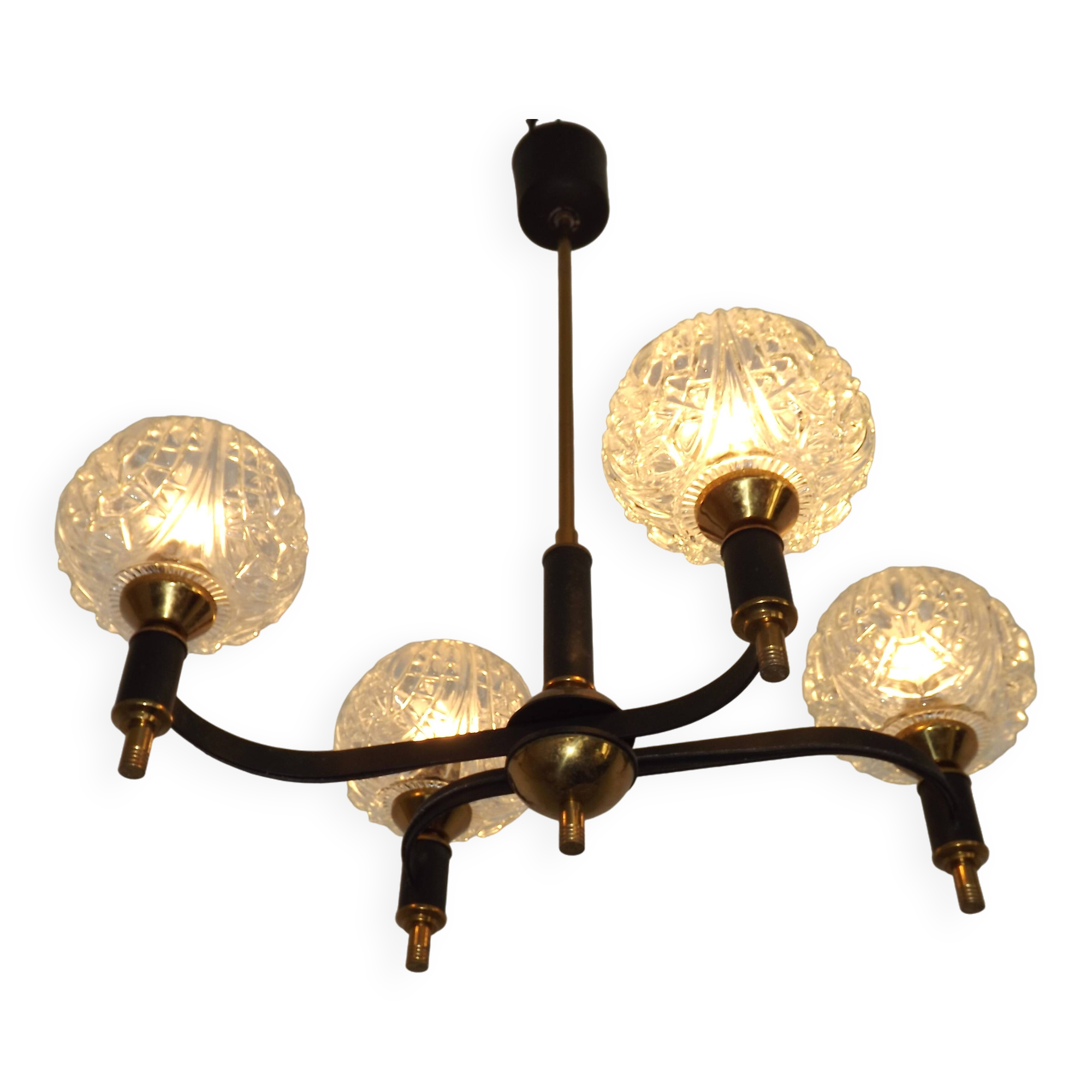 French Vintage Retro Mid Century Black & Gold 4 Arm Chandelier with Glass Shades 5015