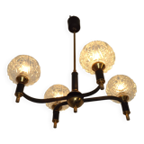 French Vintage Retro Mid Century Black & Gold 4 Arm Chandelier with Glass Shades 5015