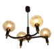 French Vintage Retro Mid Century Black & Gold 4 Arm Chandelier with Glass Shades 5015