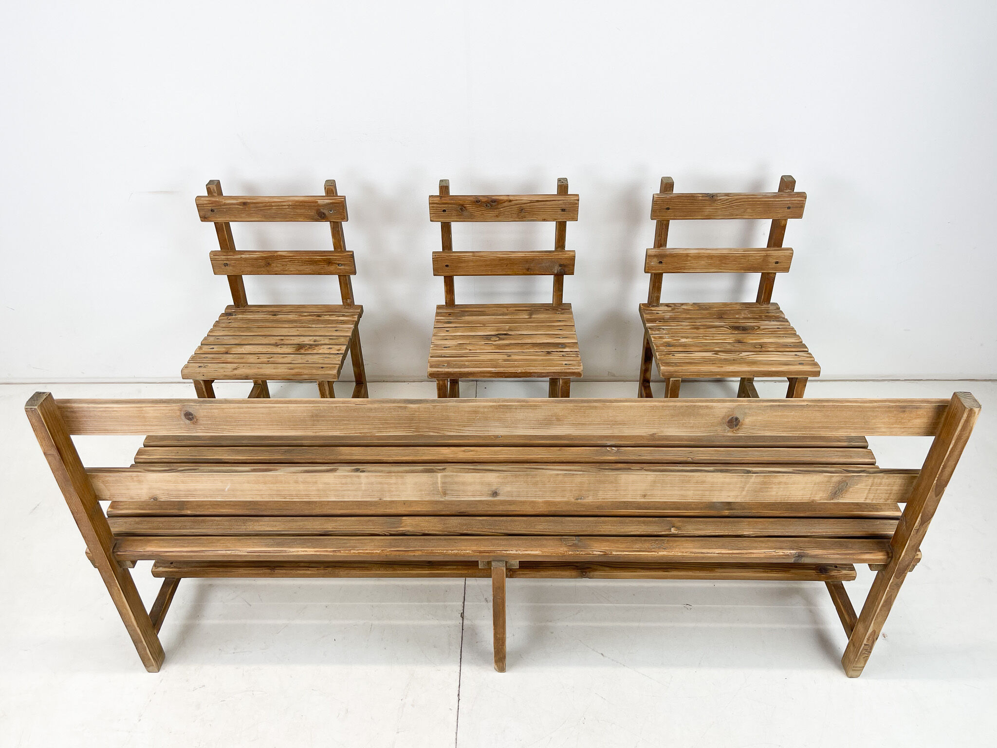 Vintage Wooden Dining Set of Bench & 3 Chairs