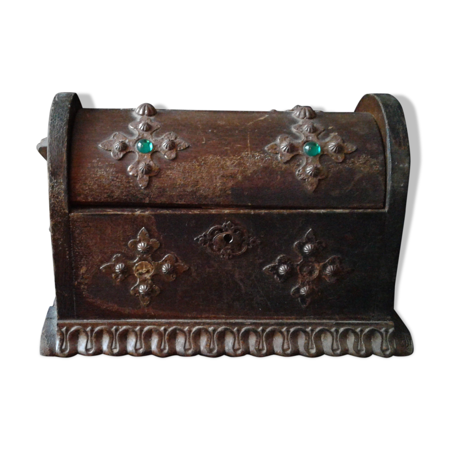 Wooden box, baroque style, wood and iron