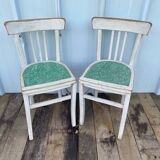 Pair of antique luterma bistro chairs in grey wood + green seat vintage