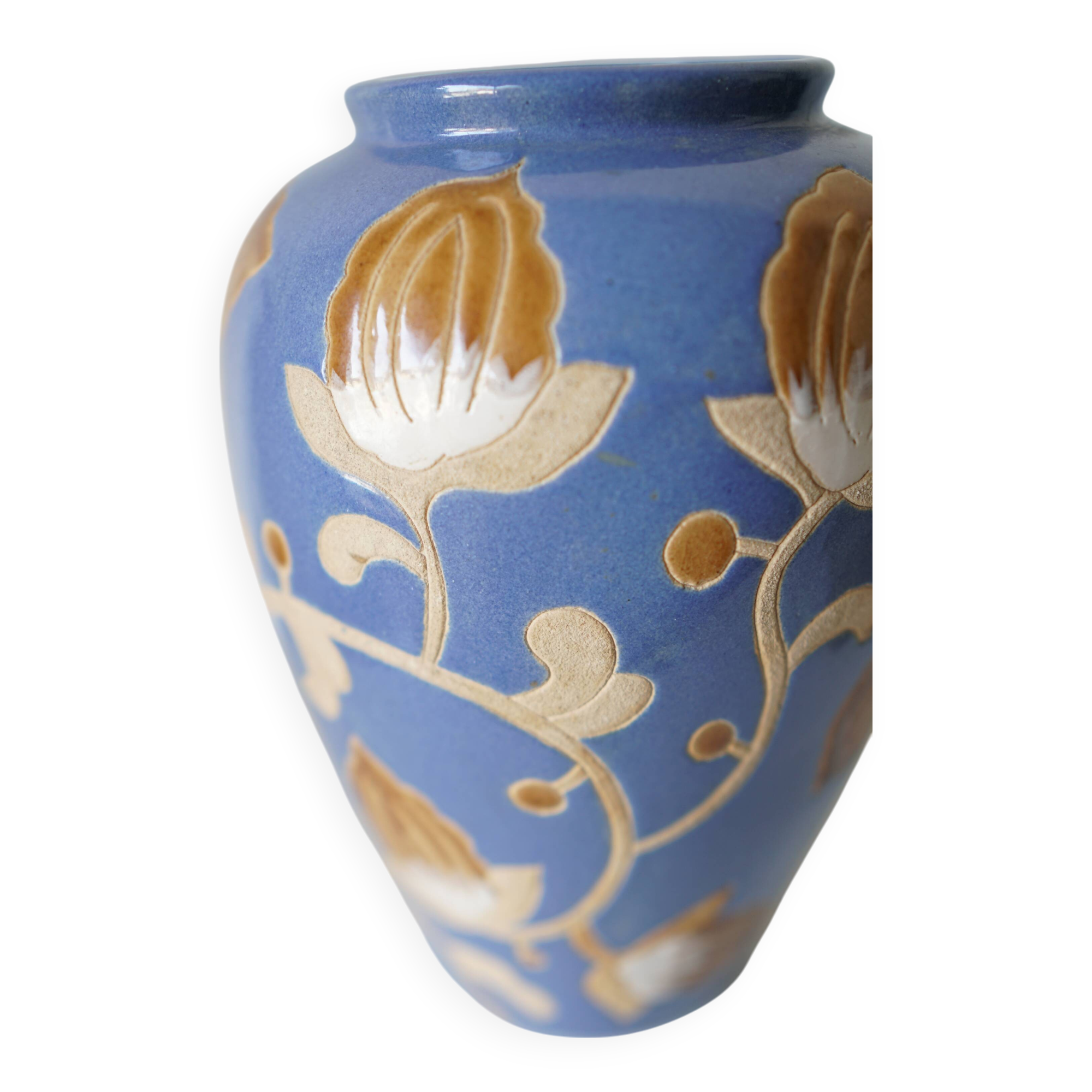 Glazed stoneware vase – floral decoration in relief – Keramis style – 1970s