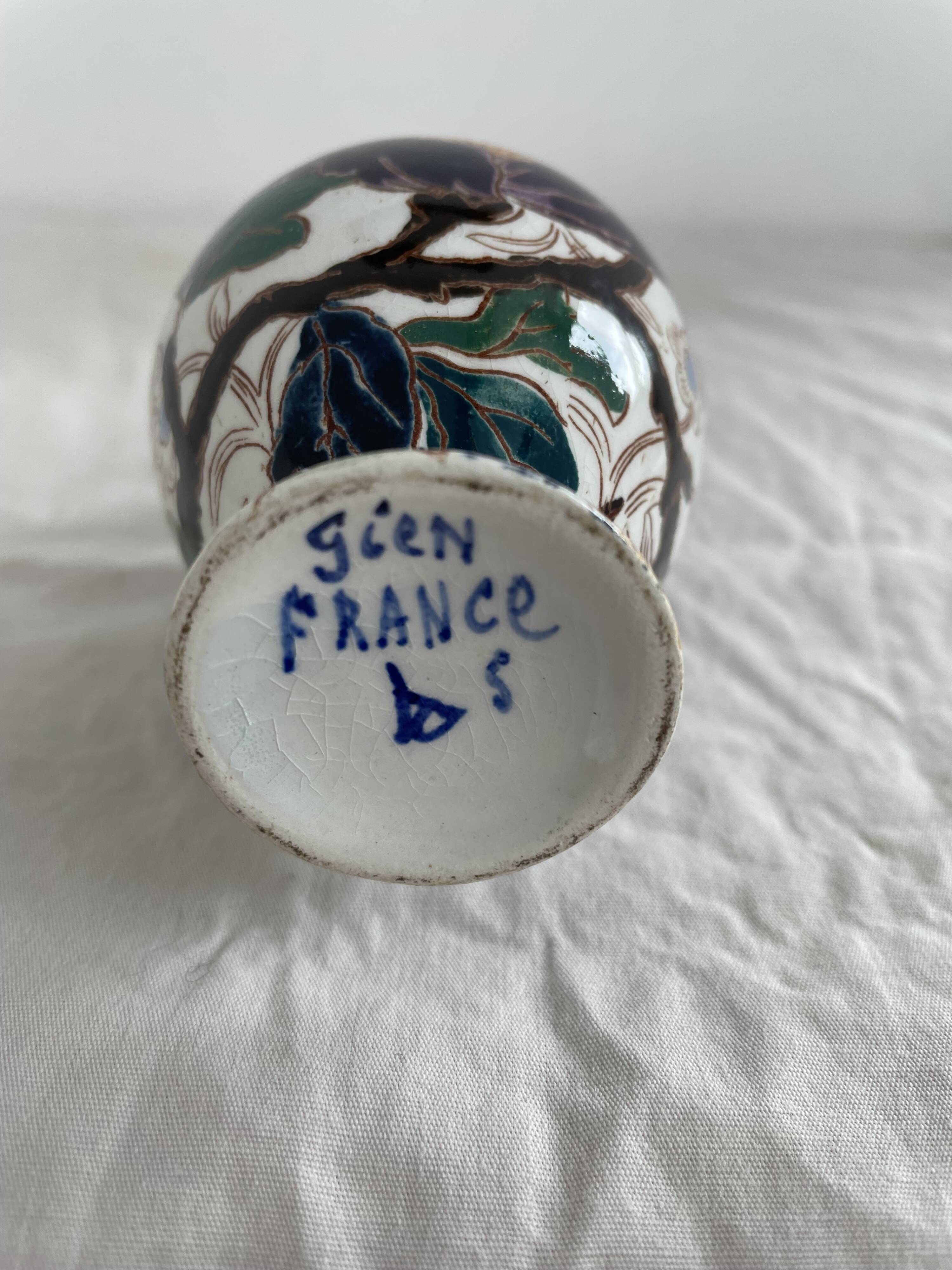 Gien earthenware vase, Peony model, vintage, polychrome floral decoration