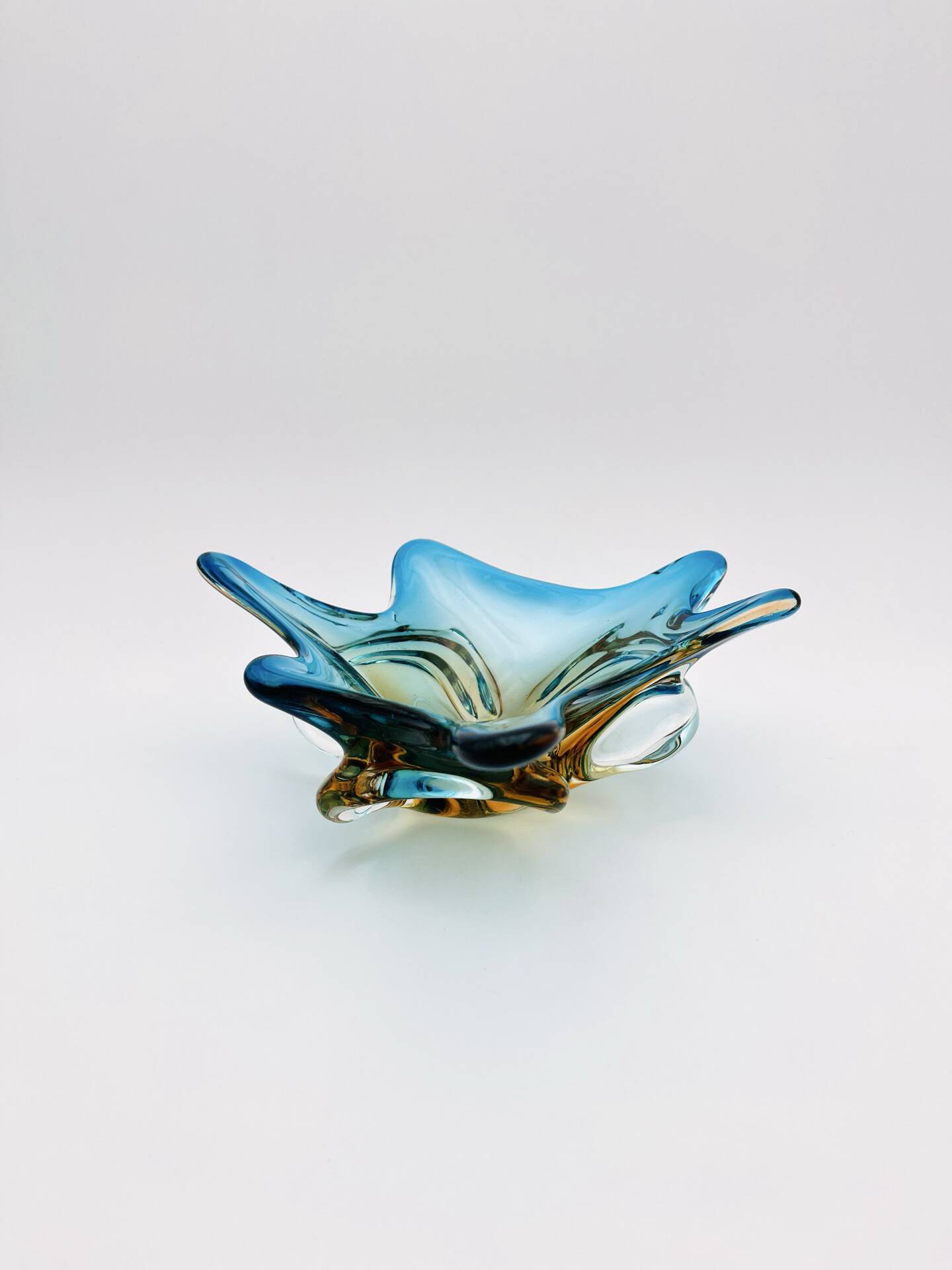 Murano Sommerso Blue Amber Sculpture Bowl 23cm