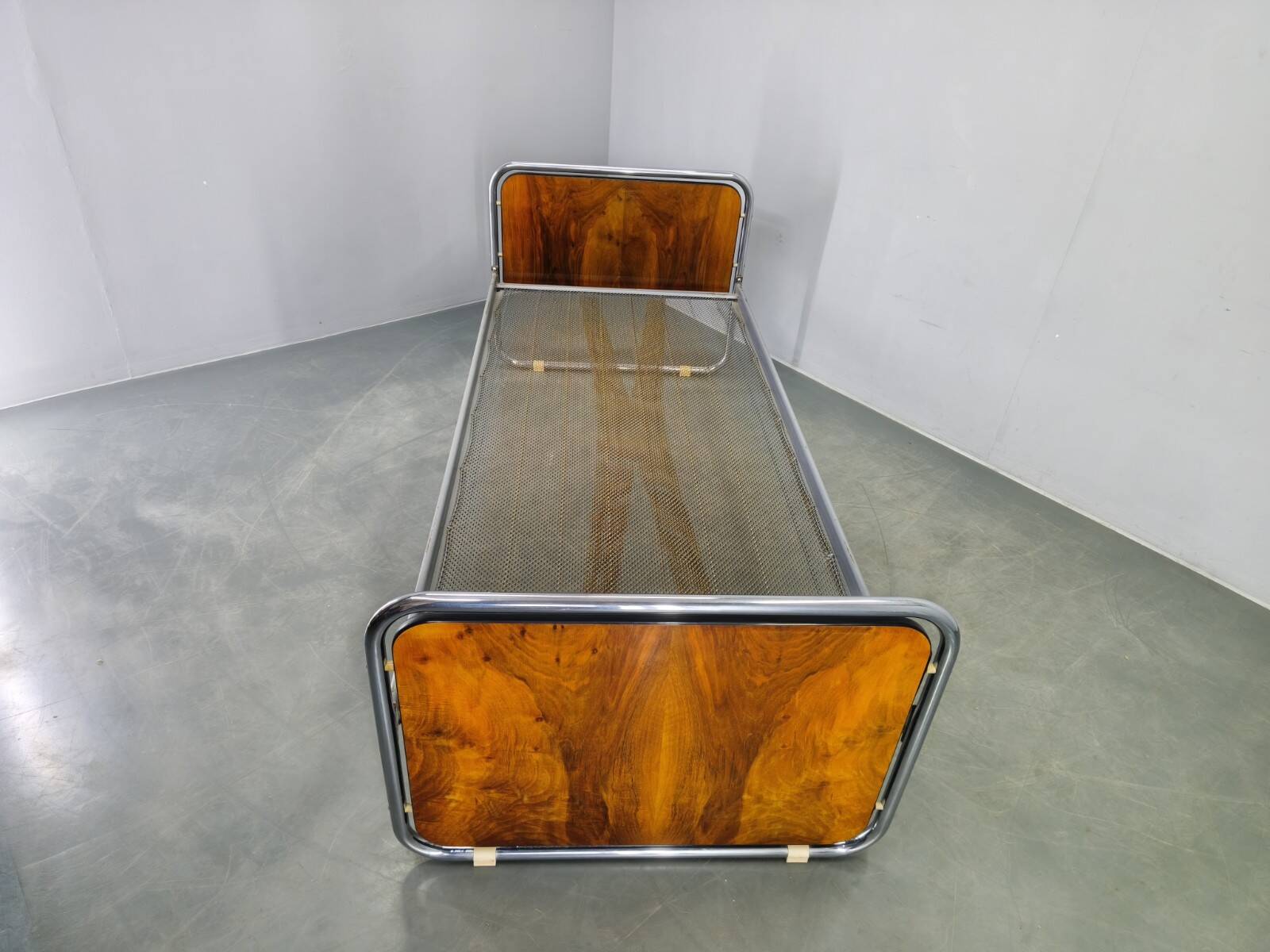 Bauhaus Tubular Steel Bed with Walnut Panels, Czechoslovakia, 1930s