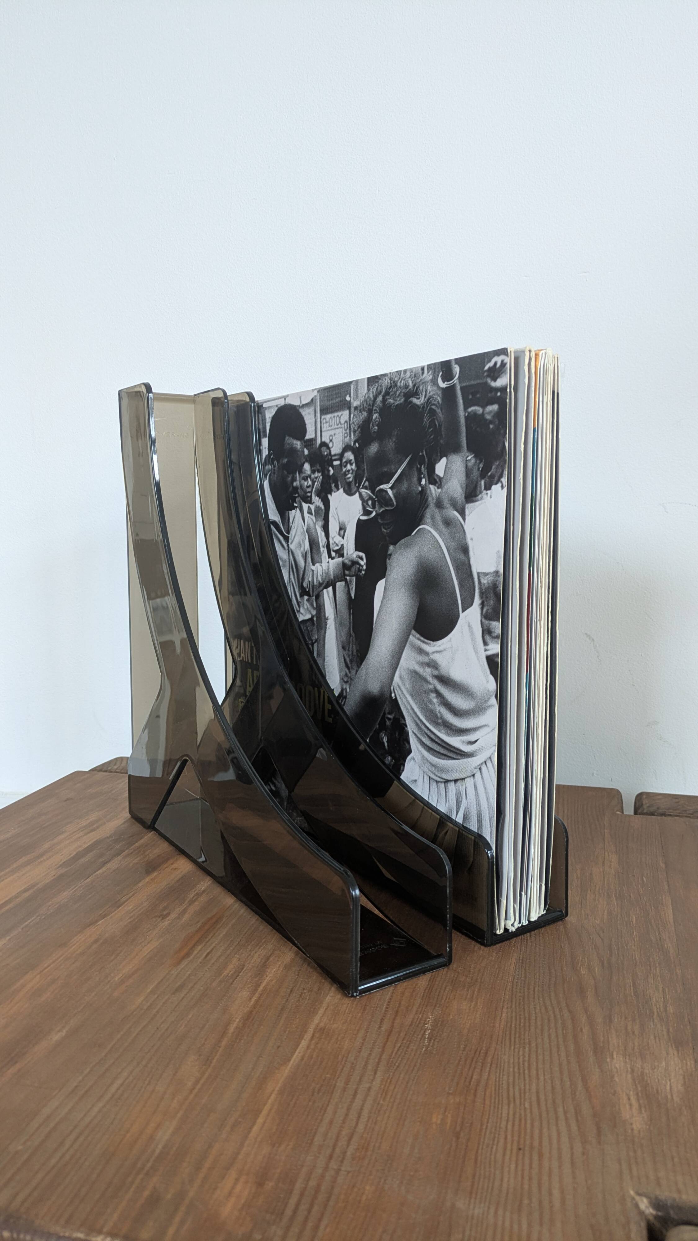 Vintage smoked plexiglass vinyl record holder / 70s