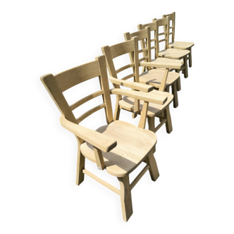 Série de 2 fauteuils et 4 chaises brutalistes en chêne massif naturel