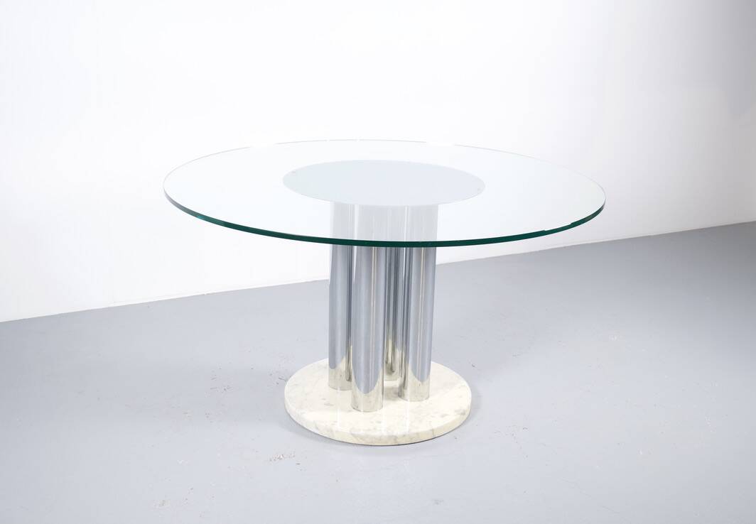 Italian marble dining table, chrome steel and glass, 70s