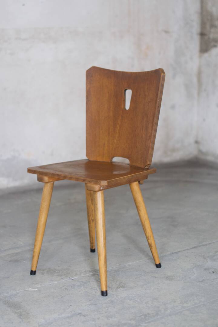 Series of four vintage brutalist wooden chairs 1960