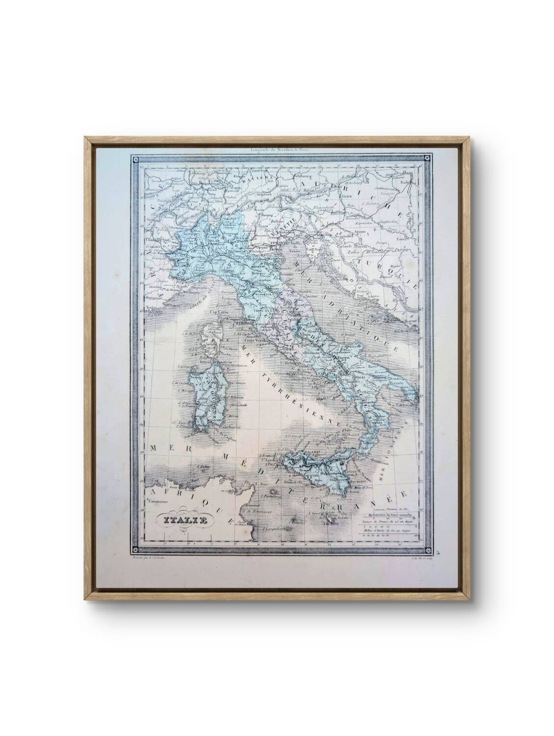 Italy, old map, printed in 1852.